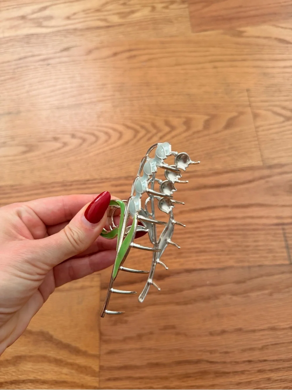 Silver Lily of the Valley Floral Hair Clip with Green Enamel